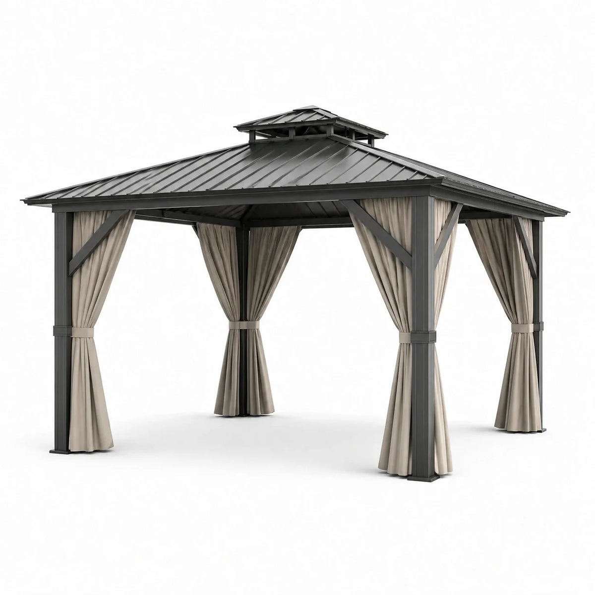 Pavillon de jardin en aluminium avec toit en acier et rideaux en polyester gris foncé/beige 3x3 m - 2026