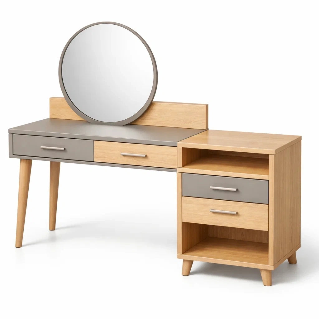 Coiffeuse en bois de chêne et mdf avec miroir rond - 2026