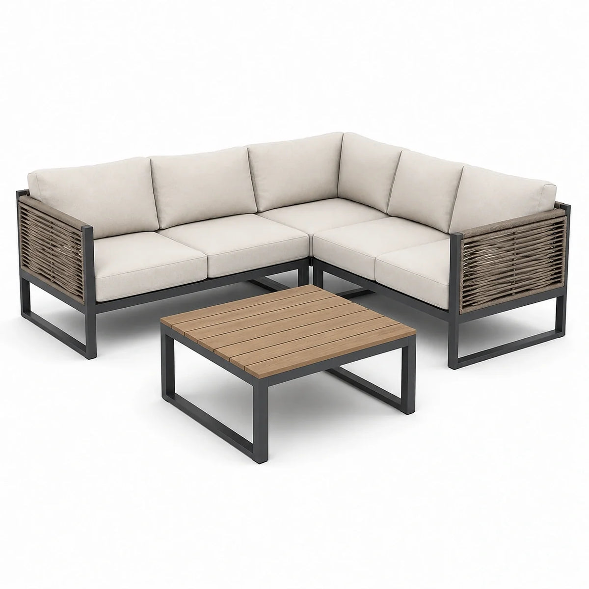 Ensemble salon de jardin d'angle aluminium avec coussins en polyester beige et table basse en bois - 2026