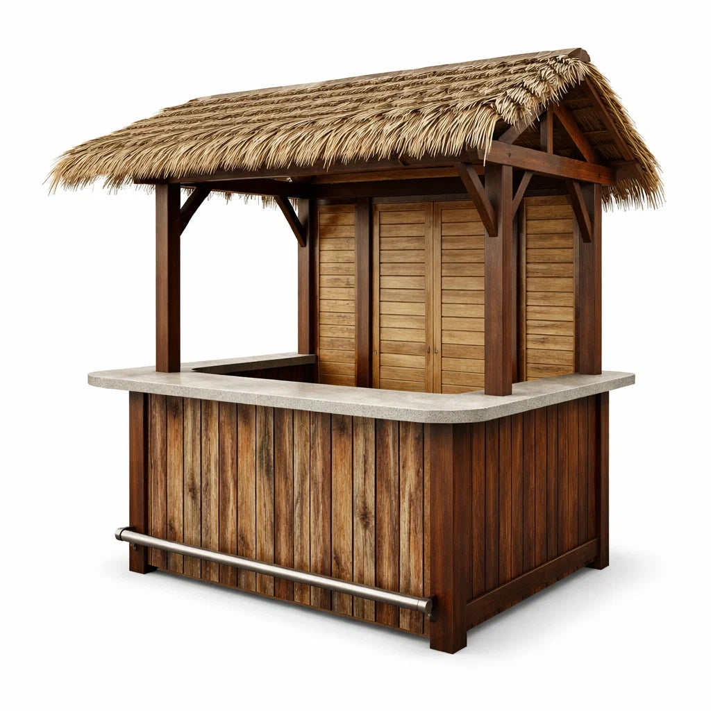 Kiosque bar de jardin en bois avec toit en chaume et comptoir en pierre - 2026