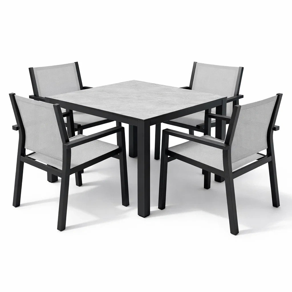 Ensemble table et chaises de jardin en aluminium avec assises en tissu gris - 2026