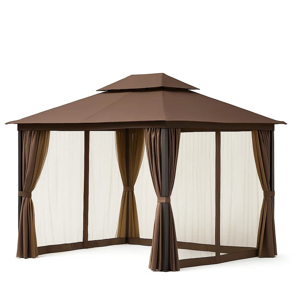 Tonnelle en aluminium et polyester avec rideaux marron - 2026