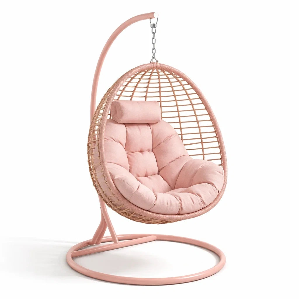 Fauteuil suspendu œuf avec support en rotin synthétique et acier avec coussin rose - 2026