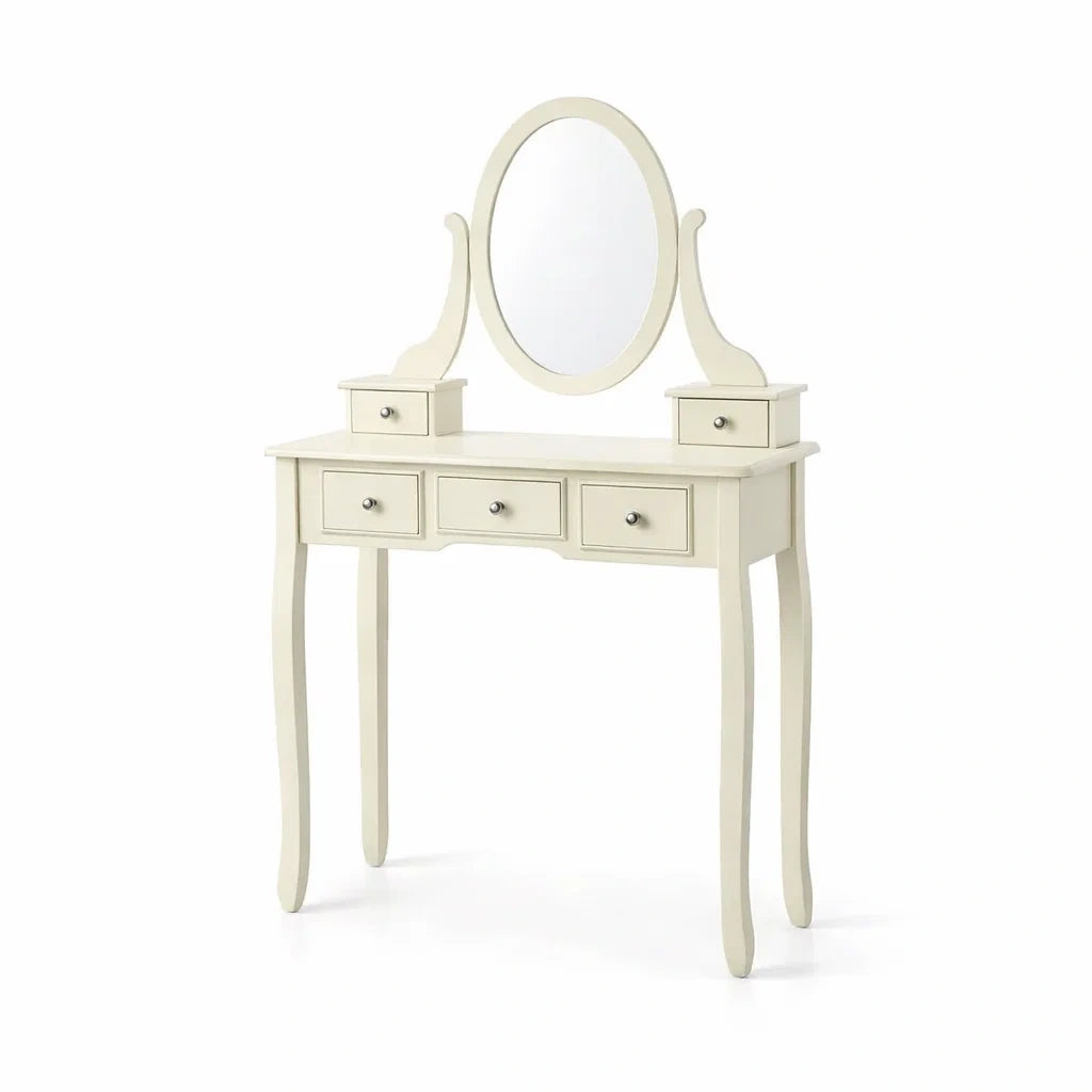 Coiffeuse en bois avec miroir ovale et 5 tiroirs blanc crème - 2026