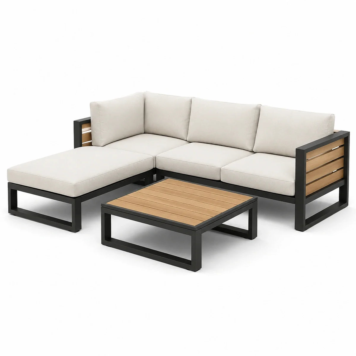 Ensemble de canapé d'angle en aluminium avec bois et coussins en lin beige - 2026