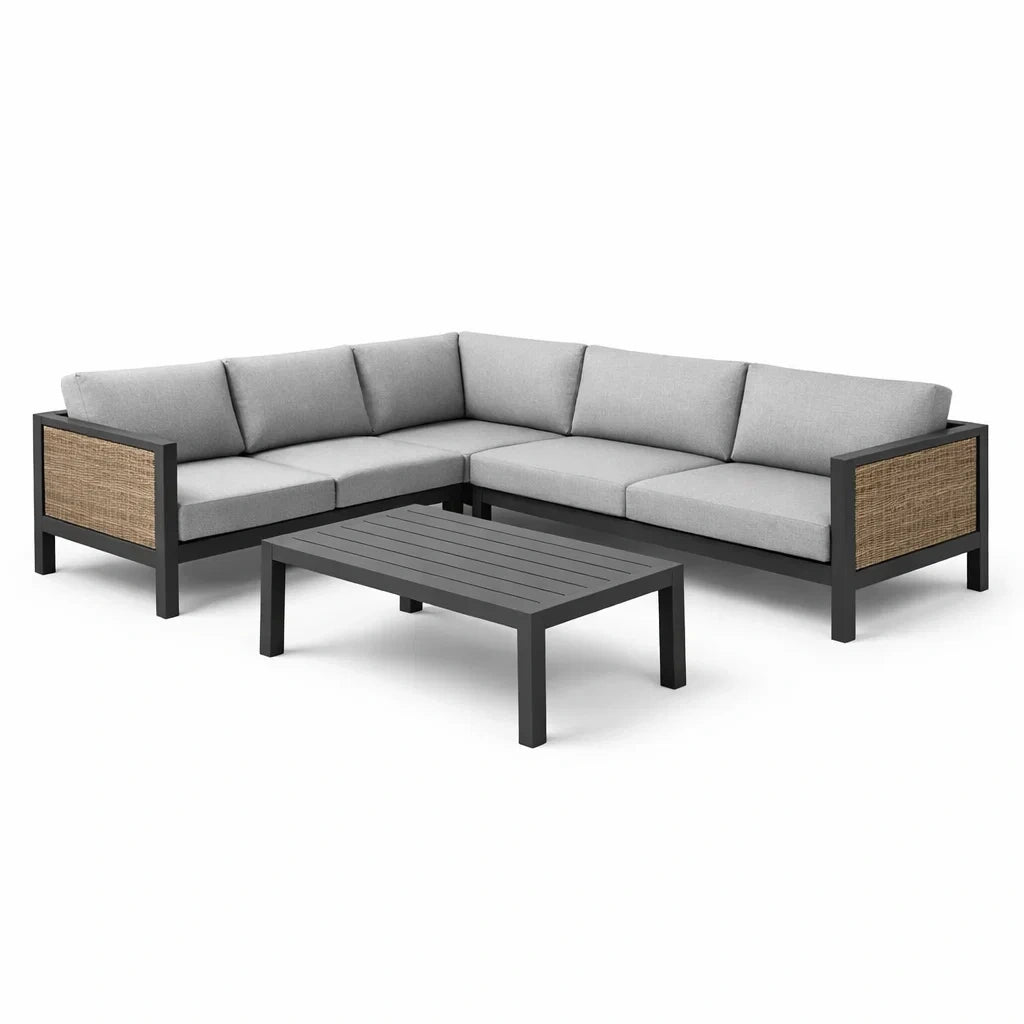 Salon de jardin en aluminium noir et résine avec coussins gris - 2026