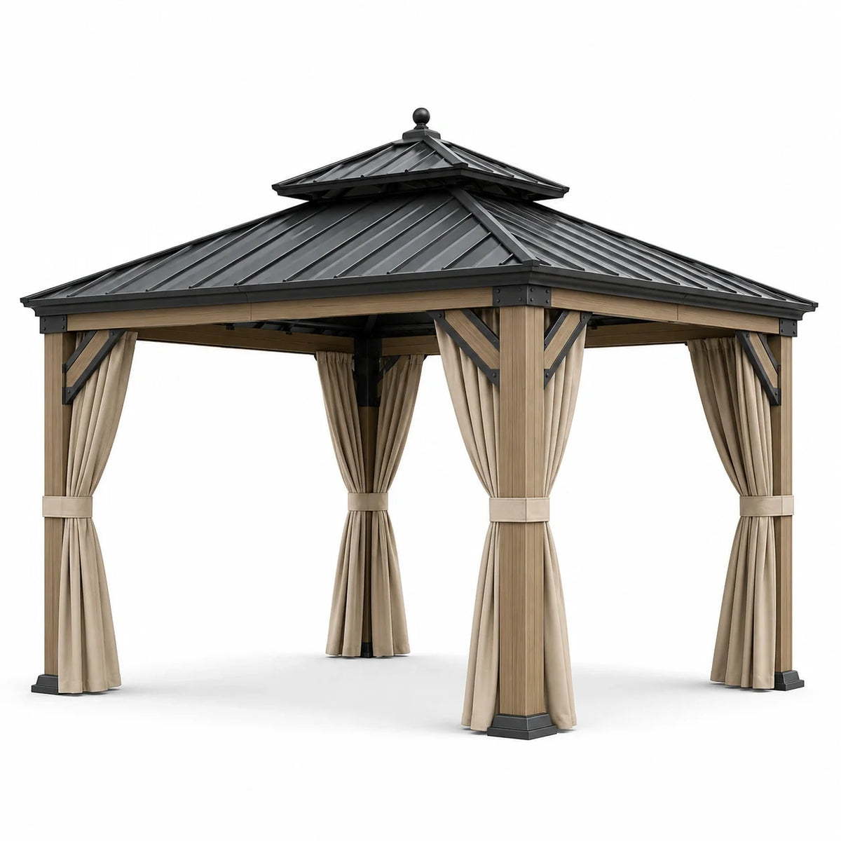 Pavillon de jardin 400 × 300 × 285 cm, finition bois naturel, toit rigide anthracite à double niveau et rideaux beiges - 2026