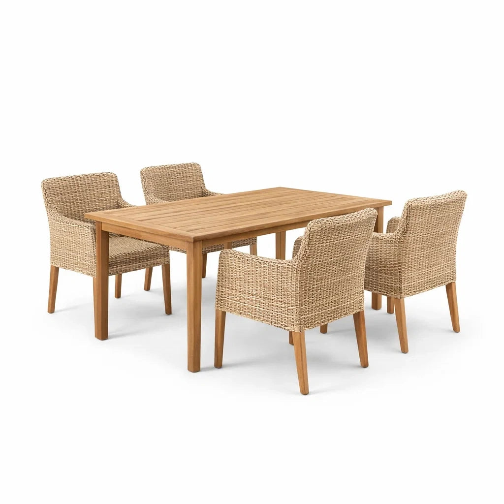 Ensemble de table et chaises d'extérieur en bois de teck et résine tressée - 2026