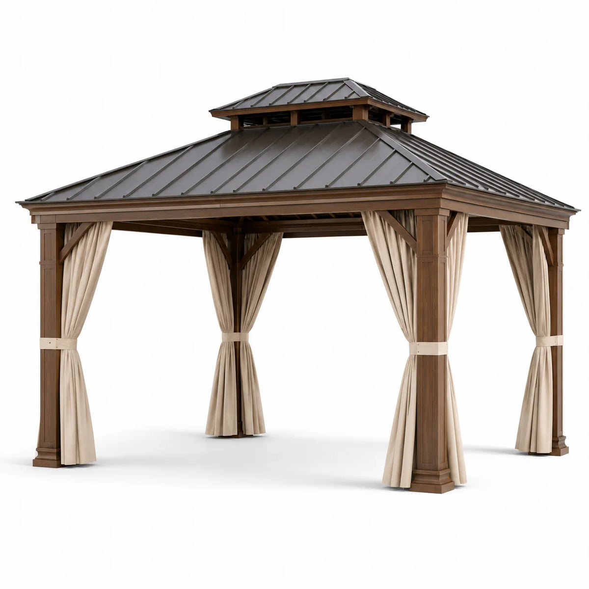 Pavillon de jardin en bois et métal 3x4m avec rideaux beige - 2026