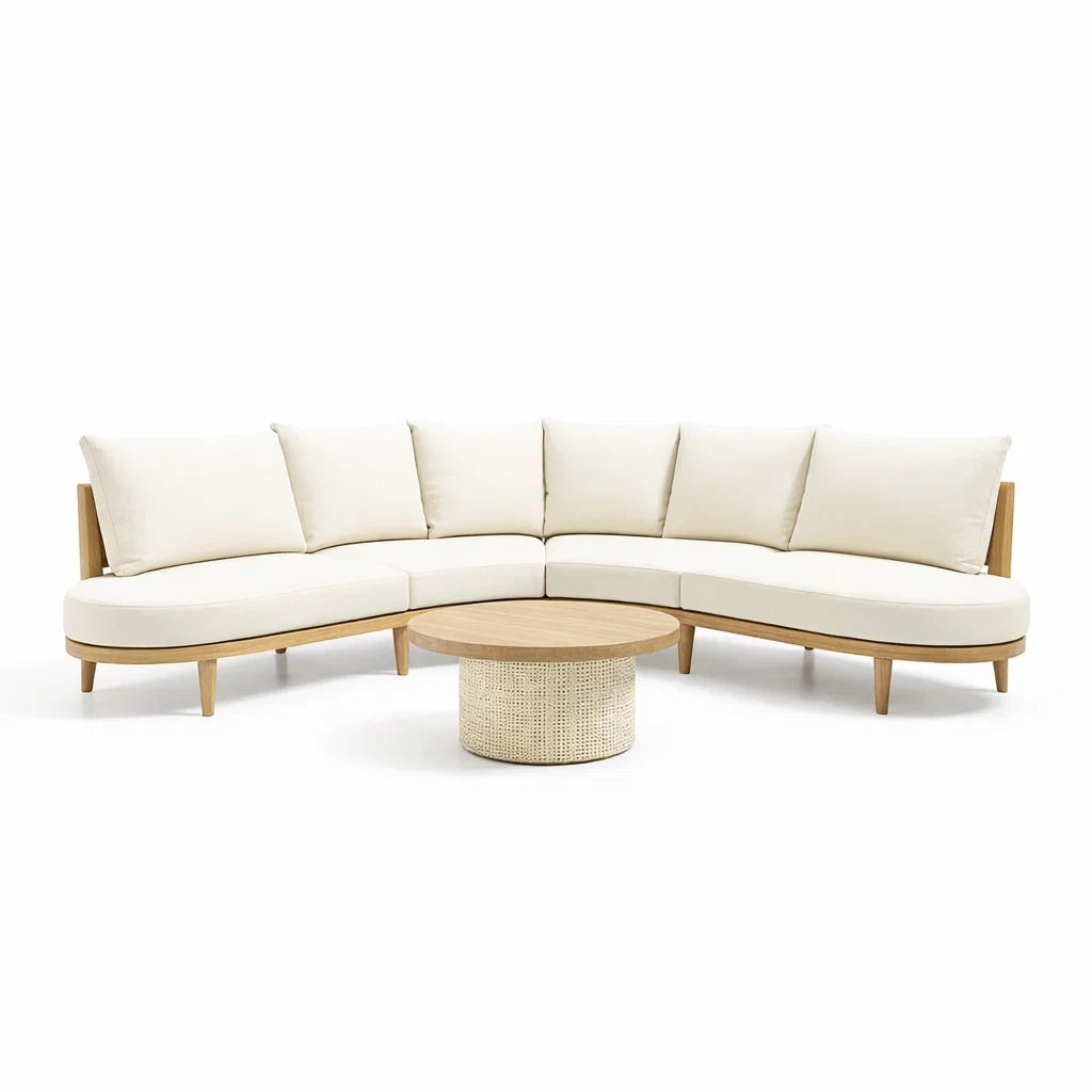 Canapé d'angle en bois et tissu beige avec table basse - 2026
