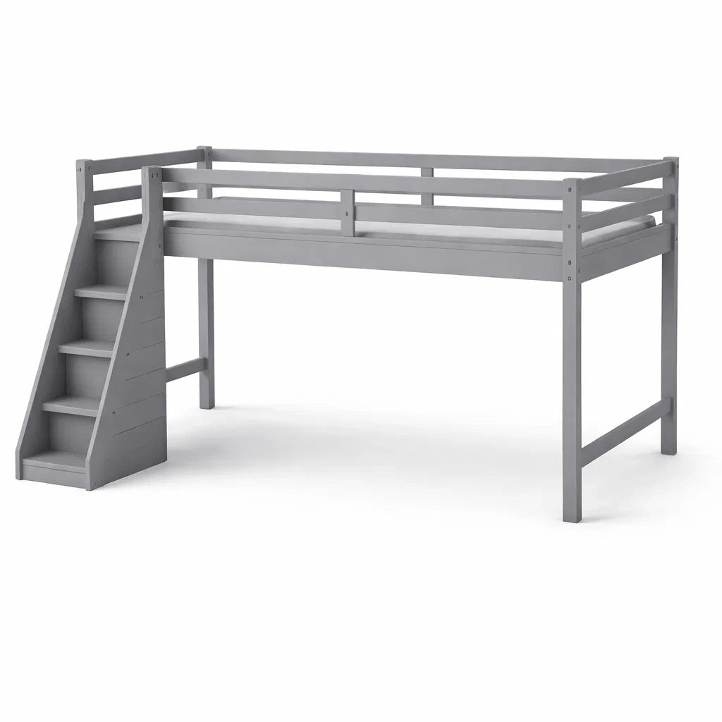 Lit mezzanine en bois massif avec escalier Gris - 2026