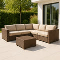 Canapés modulables d'extérieur ensemble salon de jardin en résine tressée marron avec coussin beige en polyester déhoussable - 2026