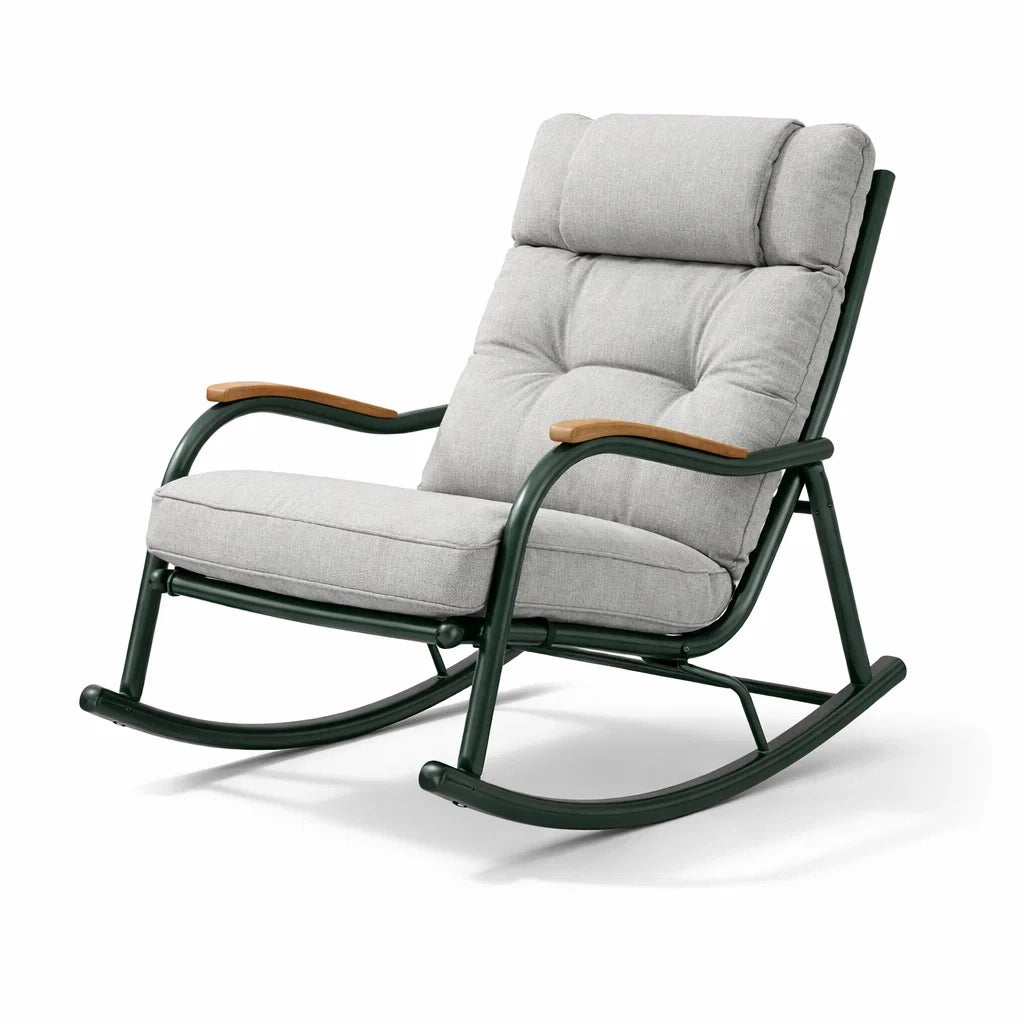 Fauteuil à bascule d’intérieur en métal vert avec accoudoirs en bois et coussins en polyester gris - 2026