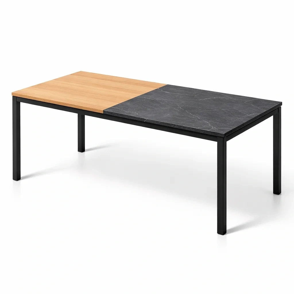 Table basse rectangulaire en bois et marbre avec pieds en métal noir naturel 120x60x40 cm - 2026