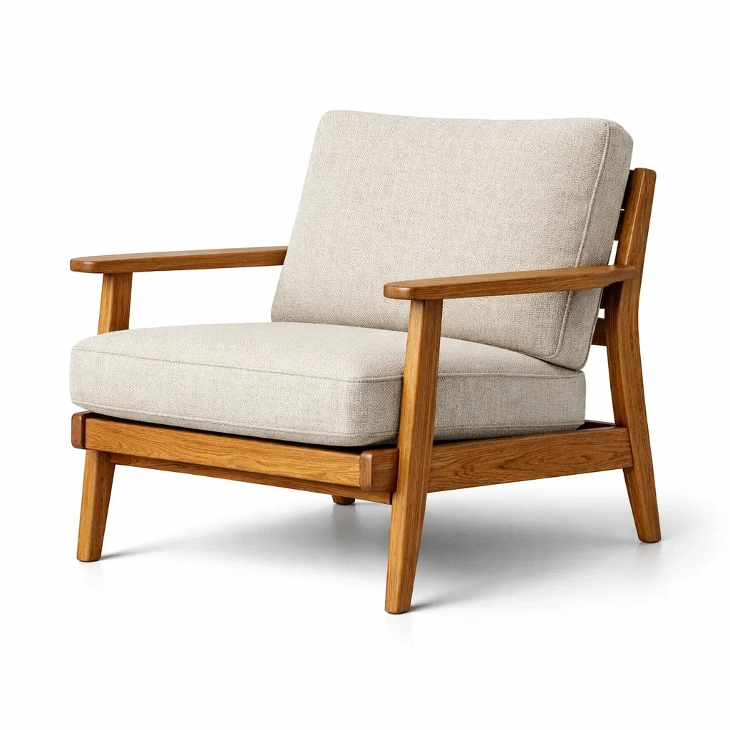 Fauteuil en chêne massif avec tissu polyester beige - 2026
