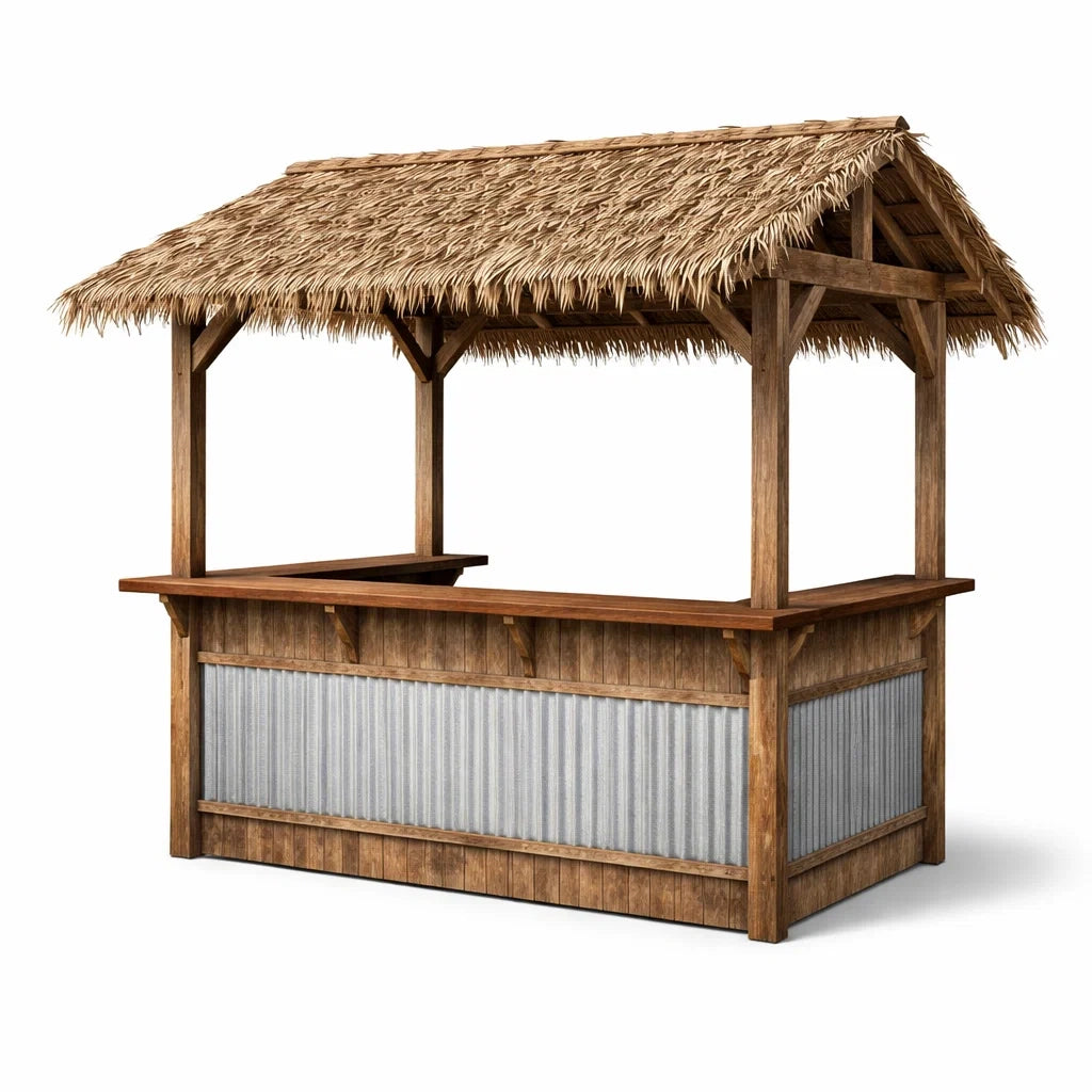 Kiosque à bar en bois avec toit en chaume et façade en acier galvanisé - 2026