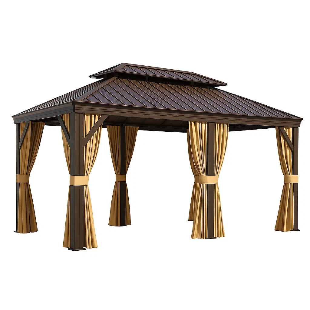 Tonnelle en aluminium avec rideaux en polyester marron 300 x 400 cm - 2026