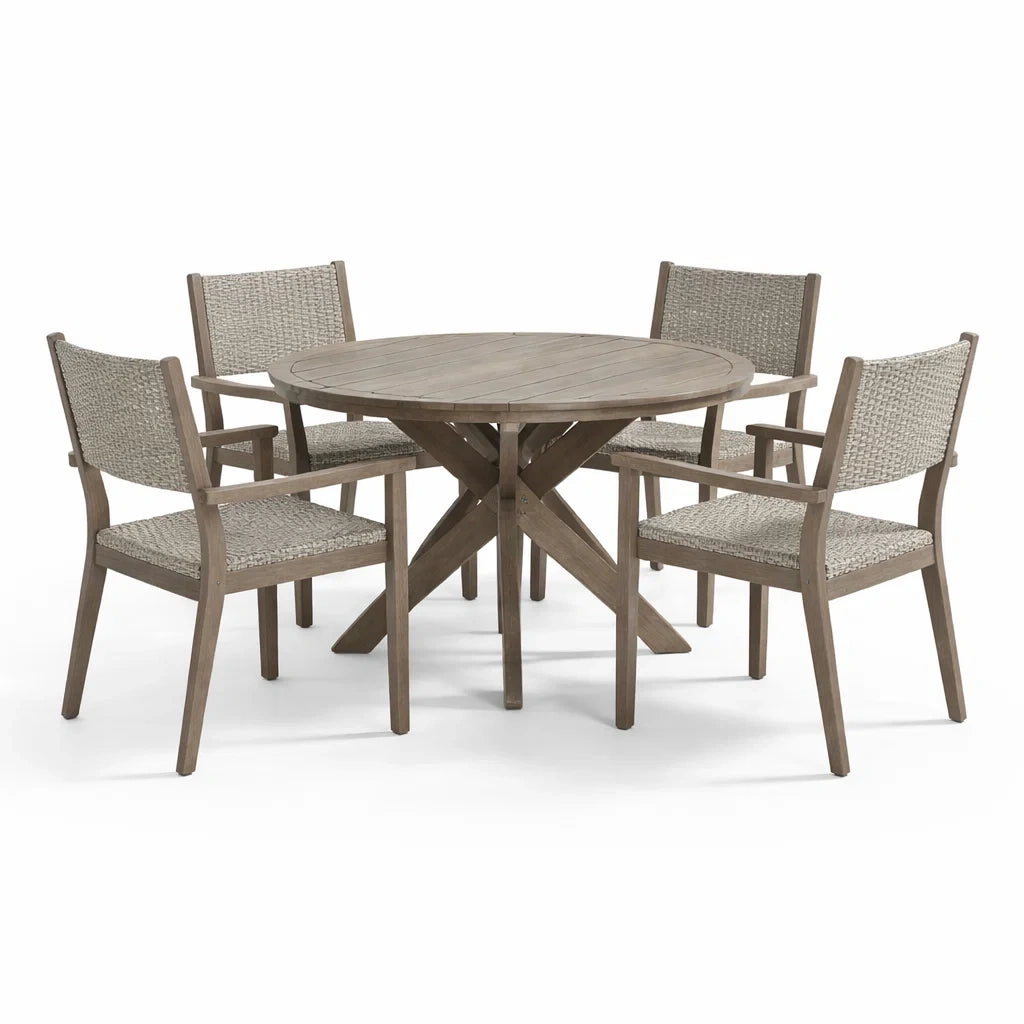 Ensemble de salle à manger extérieur avec table ronde en bois et chaises tressées - 2026