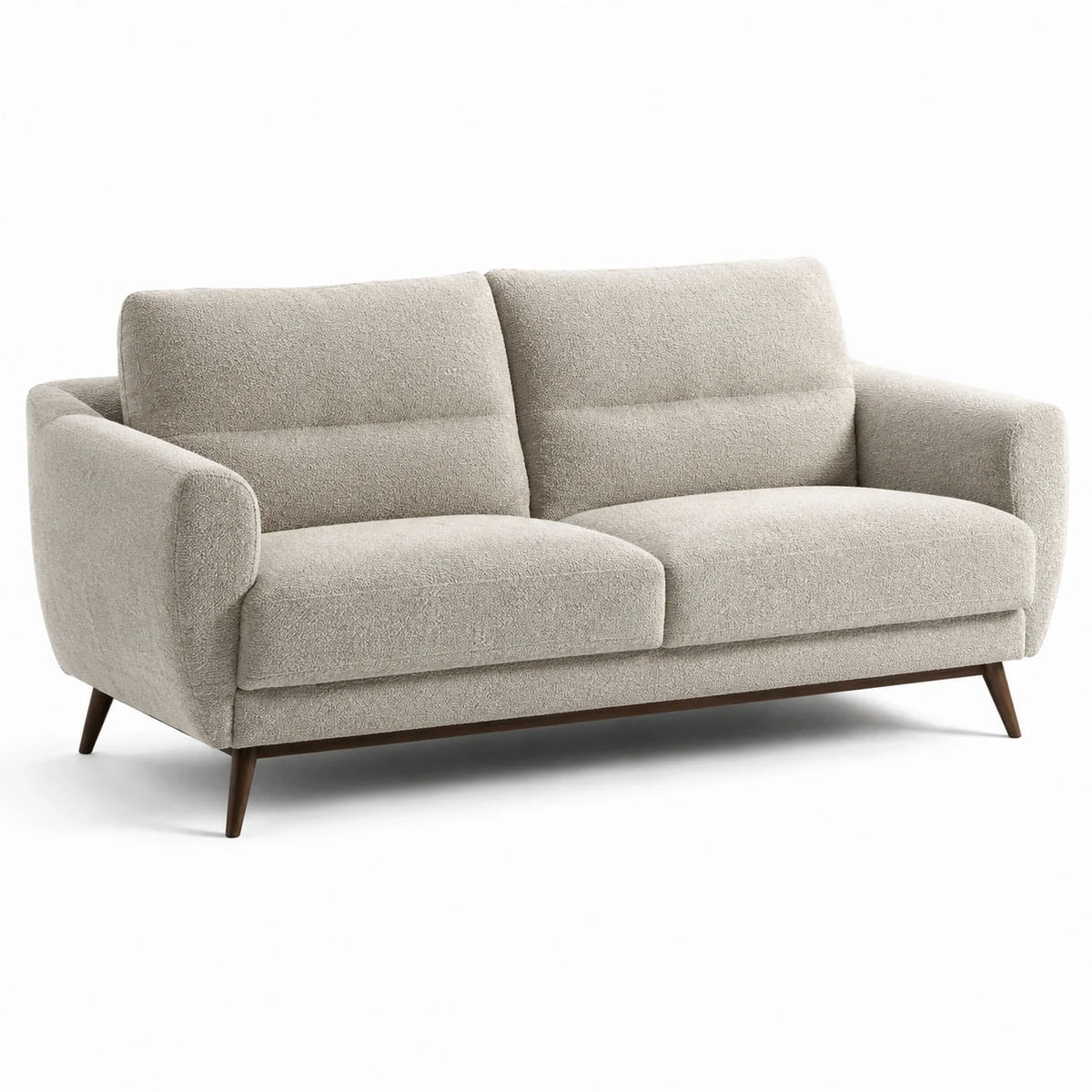 Canapé deux places en tissu bouclette beige avec pieds en bois - 2026