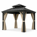 Pavillon de jardin en aluminium noir avec rideaux en polyester beige - 2026
