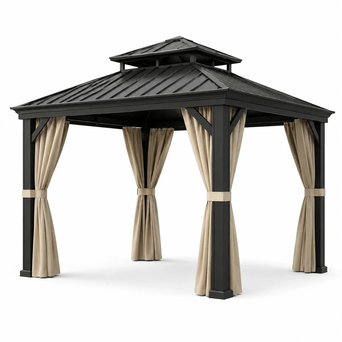 Pavillon de jardin en aluminium noir avec rideaux en polyester beige - 2026