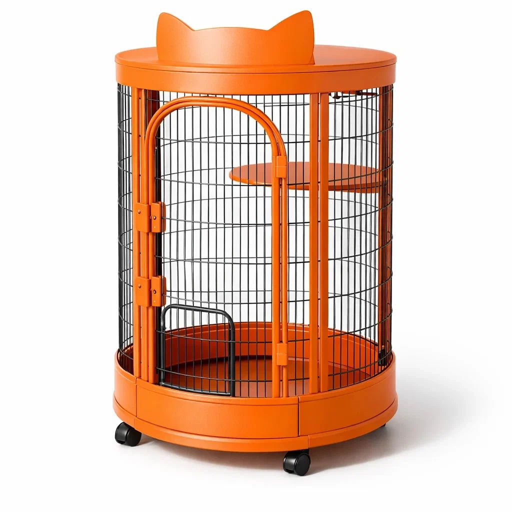 Cage à chat cylindrique en métal orange avec roulettes - 2026