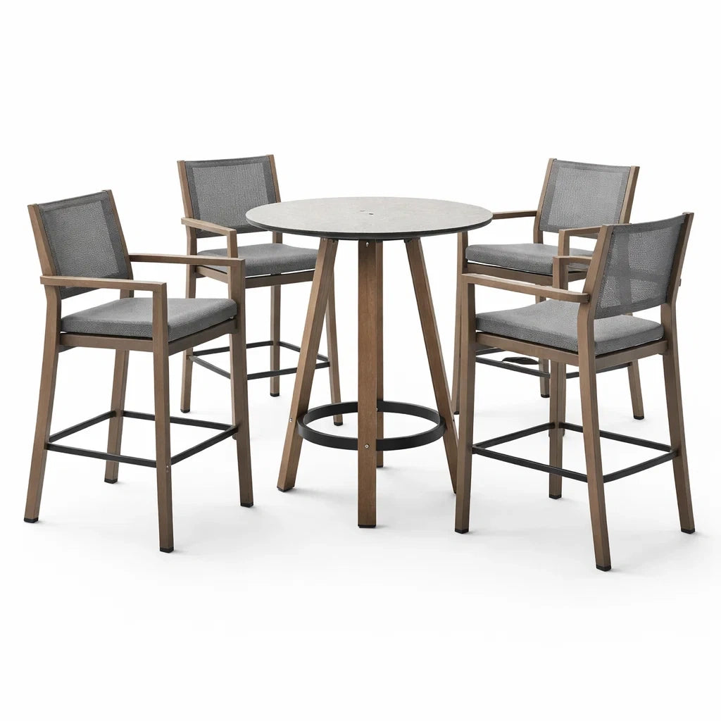 Ensemble de bar en bois et acier avec 4 chaises en polyester gris - 2026