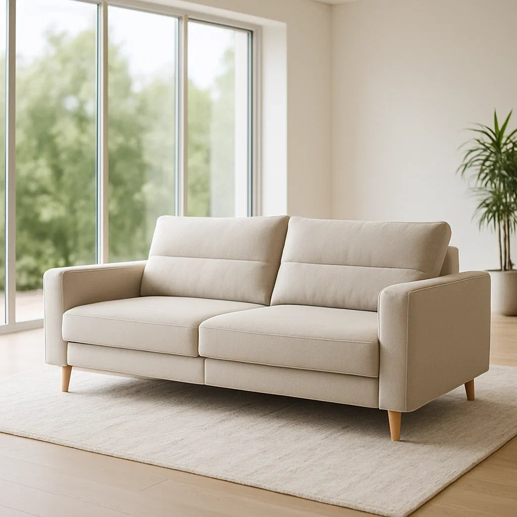 Canapé 2 places en tissu polyester beige avec pieds en bois massif - 2026