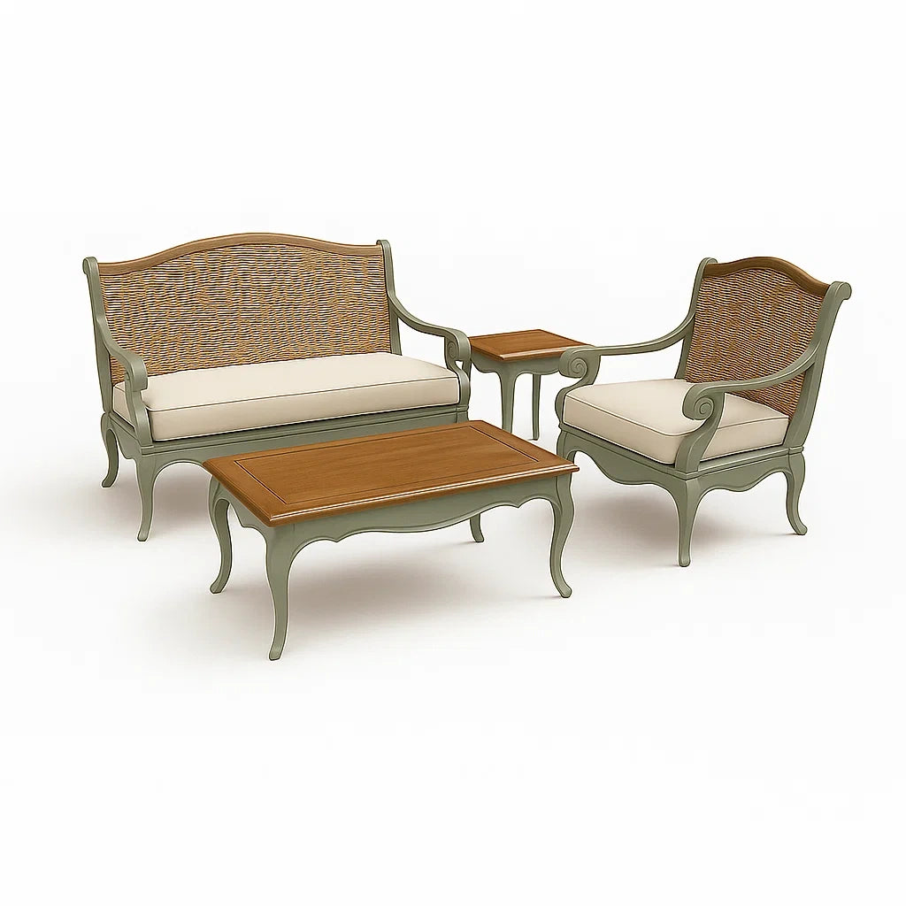 Salon de jardin en bois et rotin vert avec coussins amovibles - 2026