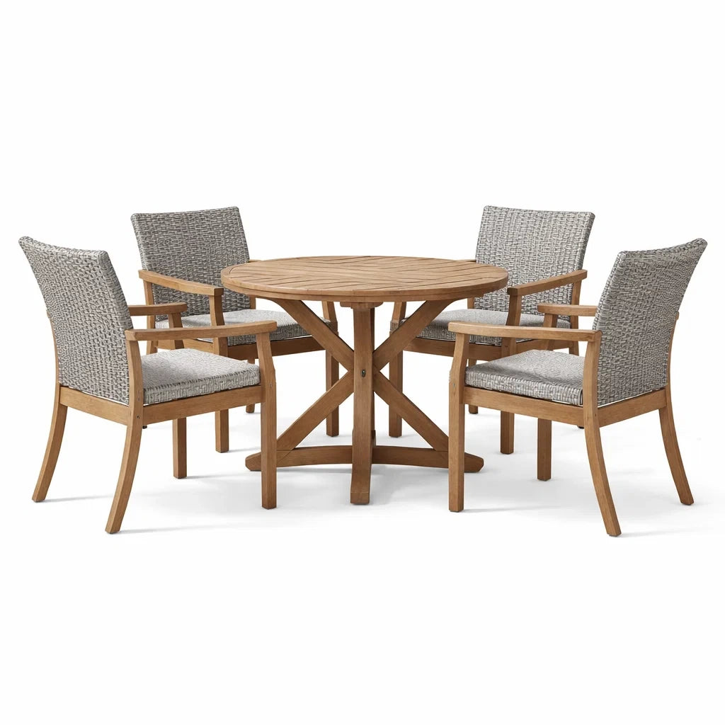 Ensemble table et chaises en teck avec table ronde et chaises en résine tissée - 2026