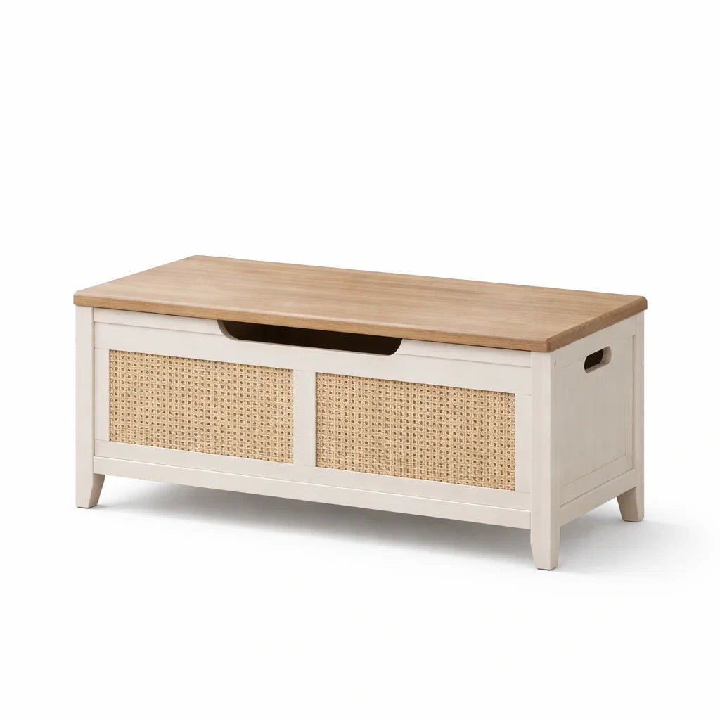 Banc de rangement rectangulaire en bois et rotin 100x40x45 cm - 2026