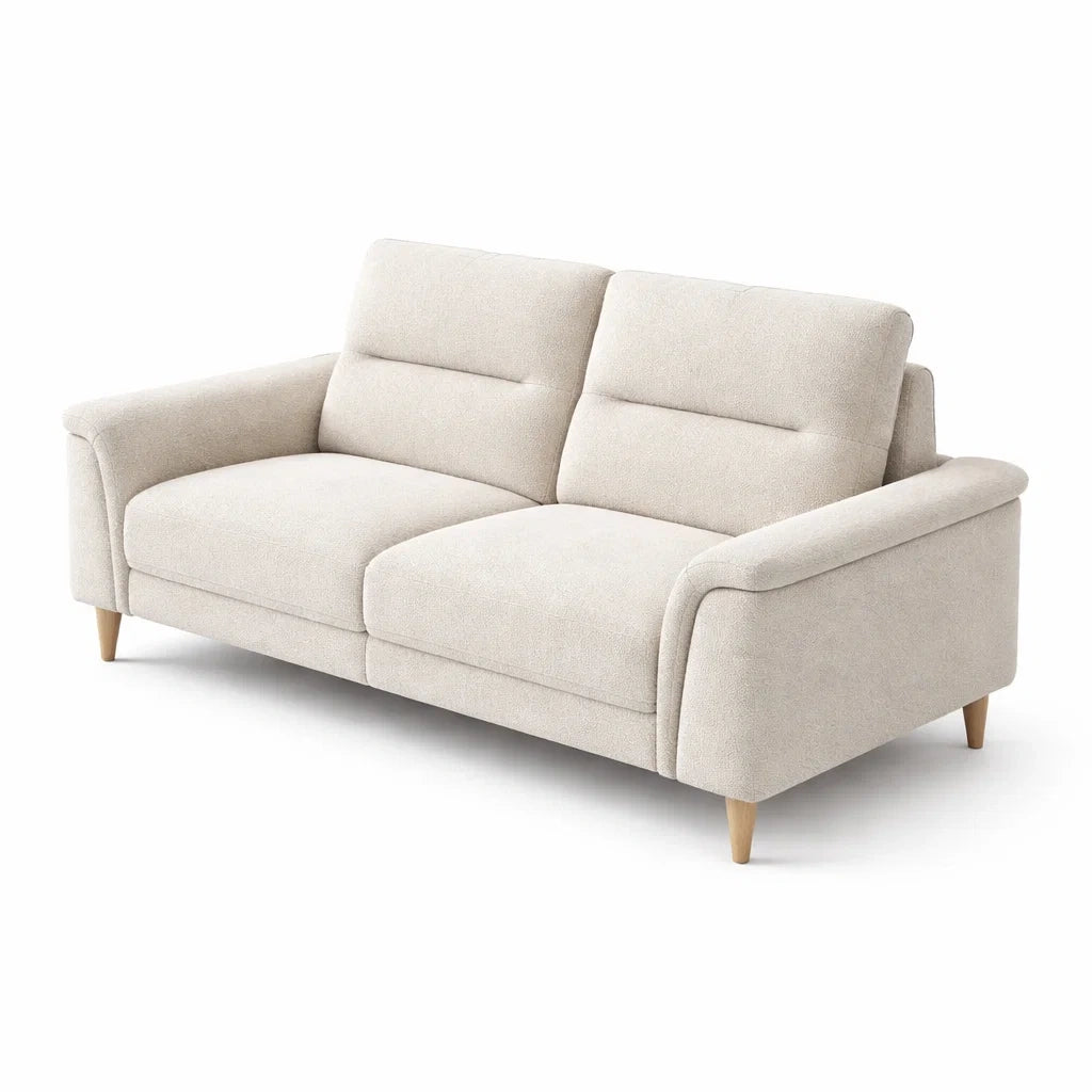 Canapé 3 places en polyester beige avec pieds en bois - 2026