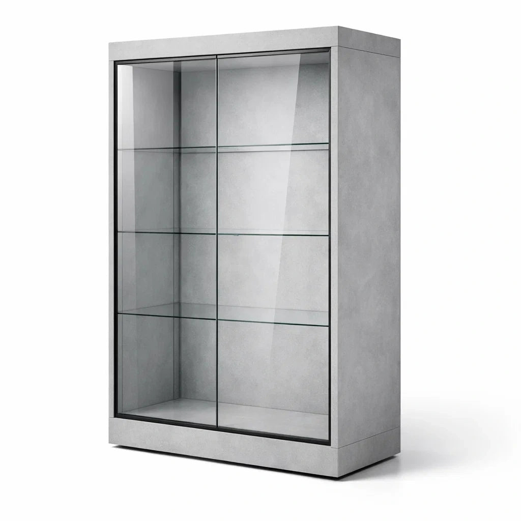 Vitrine en verre trempé et béton gris - 2026