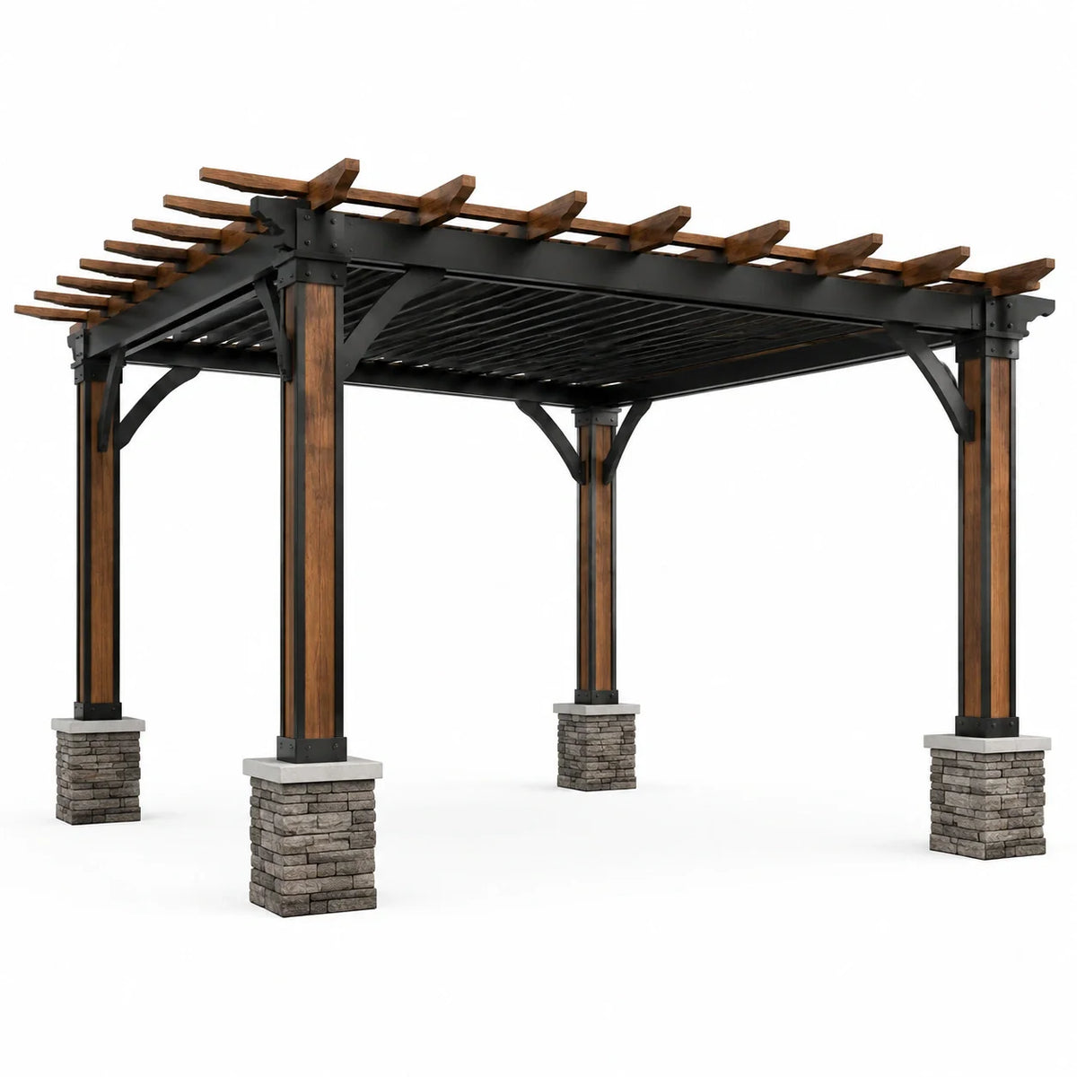 Pergola en bois et métal avec piliers en pierre - 2026