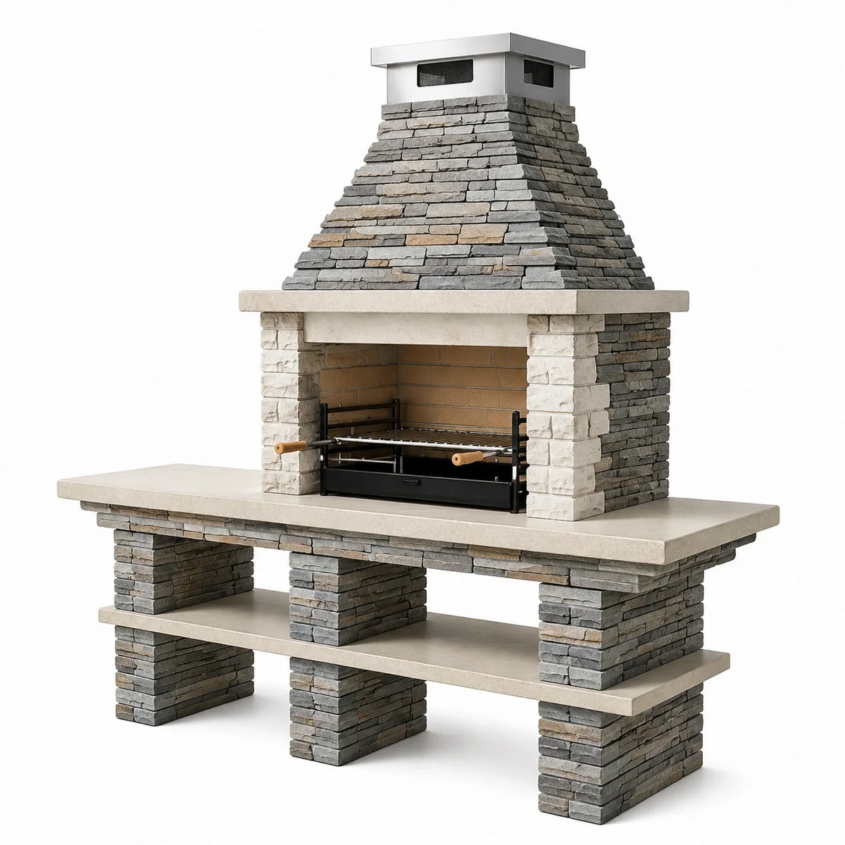 Barbecue en pierre avec foyer en acier inoxydable et briques réfractaires, dimensions 200x80x210 cm - 2026
