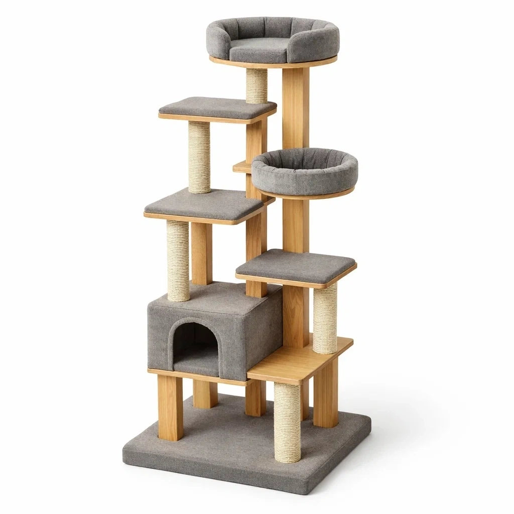 Arbre à chat en bois et polyester gris - 2026