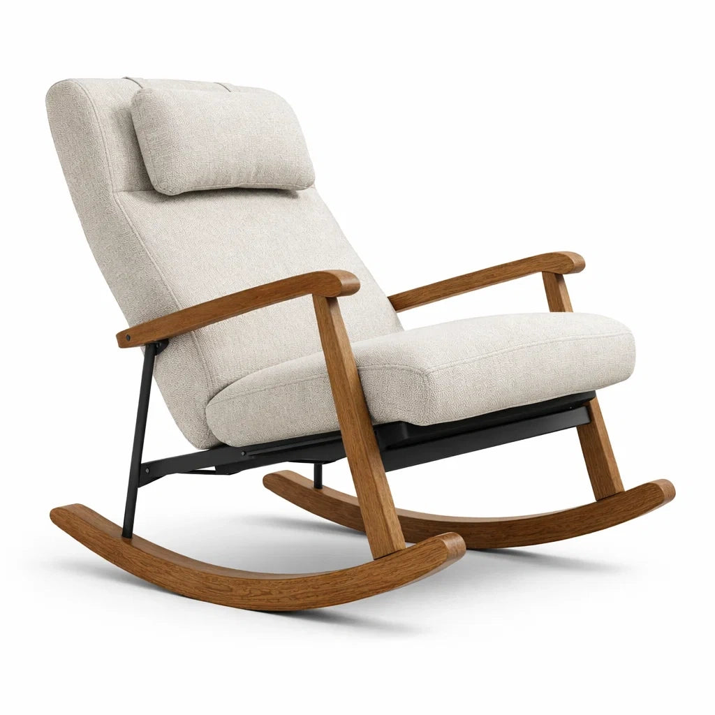 Fauteuil à bascule d’intérieur en tissu polyester beige avec structure en bois et métal - 2026