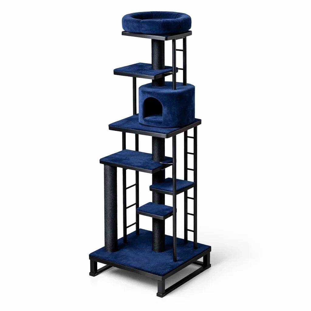 Arbre à chat en tissu bleu avec structure métallique - 2026
