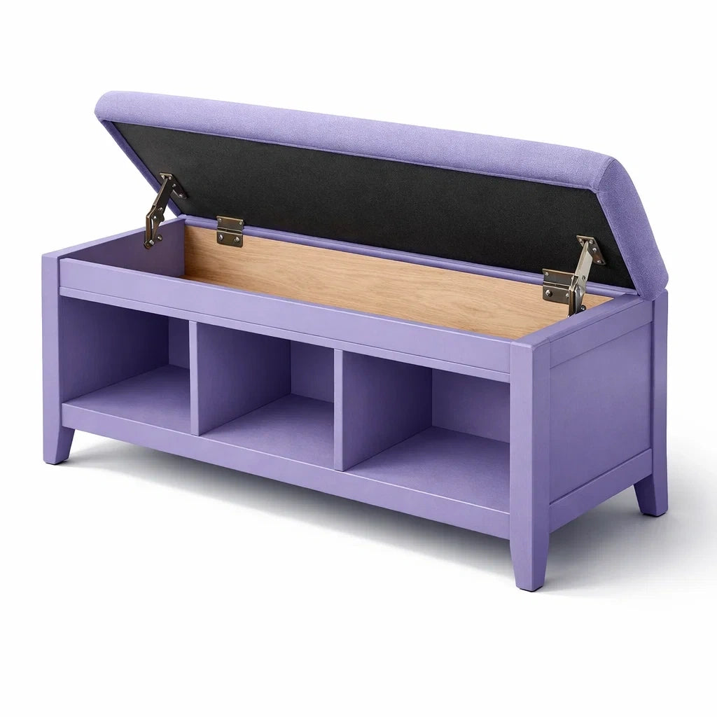 Banc de rangement en bois et tissu violet avec compartiments - 2026