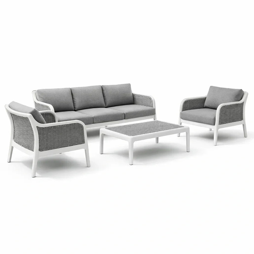 Ensemble de mobilier de jardin en métal et résine tressée avec coussins Gris et Blanc - 2026