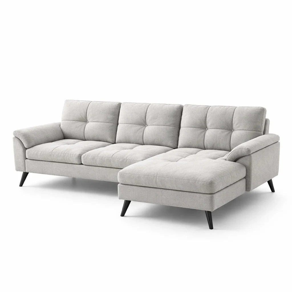 Canapé d angle en tissu gris clair avec méridienne - 2026