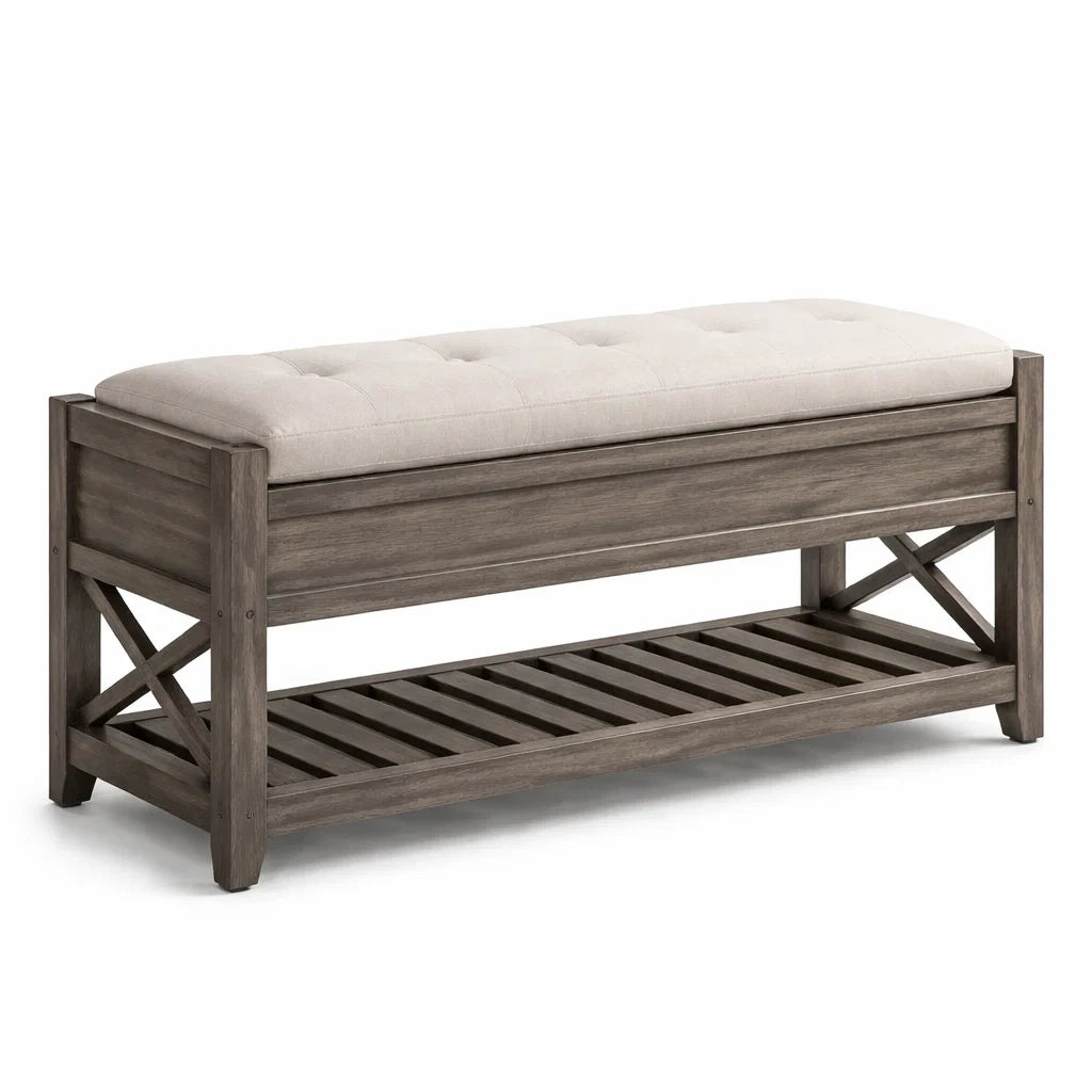 Banc à chaussures en bois de frêne avec rangement et coussin en polyester - 2026