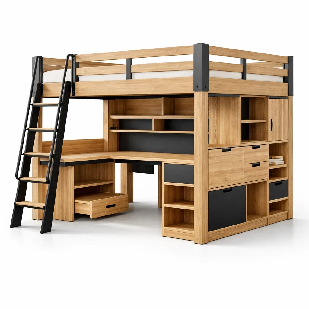 Lit mezzanine en bois et métal avec bureau et rangements - 2026