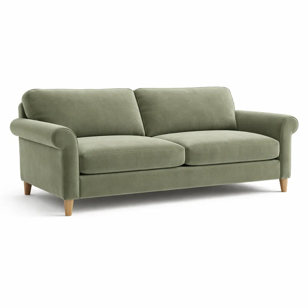Canapé 3 places en velours polyester vert avec pieds en bois - 2026