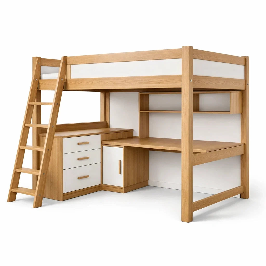 Lit mezzanine en bois et mdf avec bureau et rangement - 2026