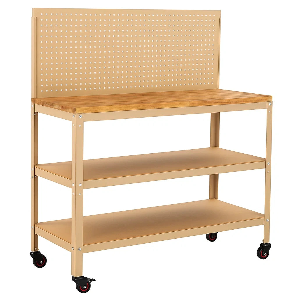 Établi mobile en métal et bois avec panneau perforé beige - 2026