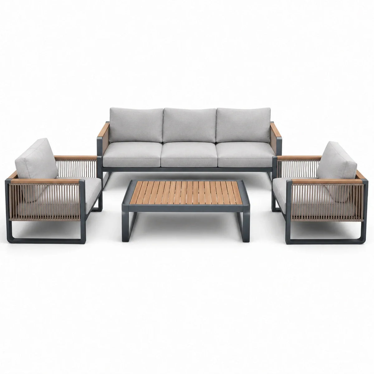 Salon de jardin en aluminium et teck avec coussins en polyester gris - 2026