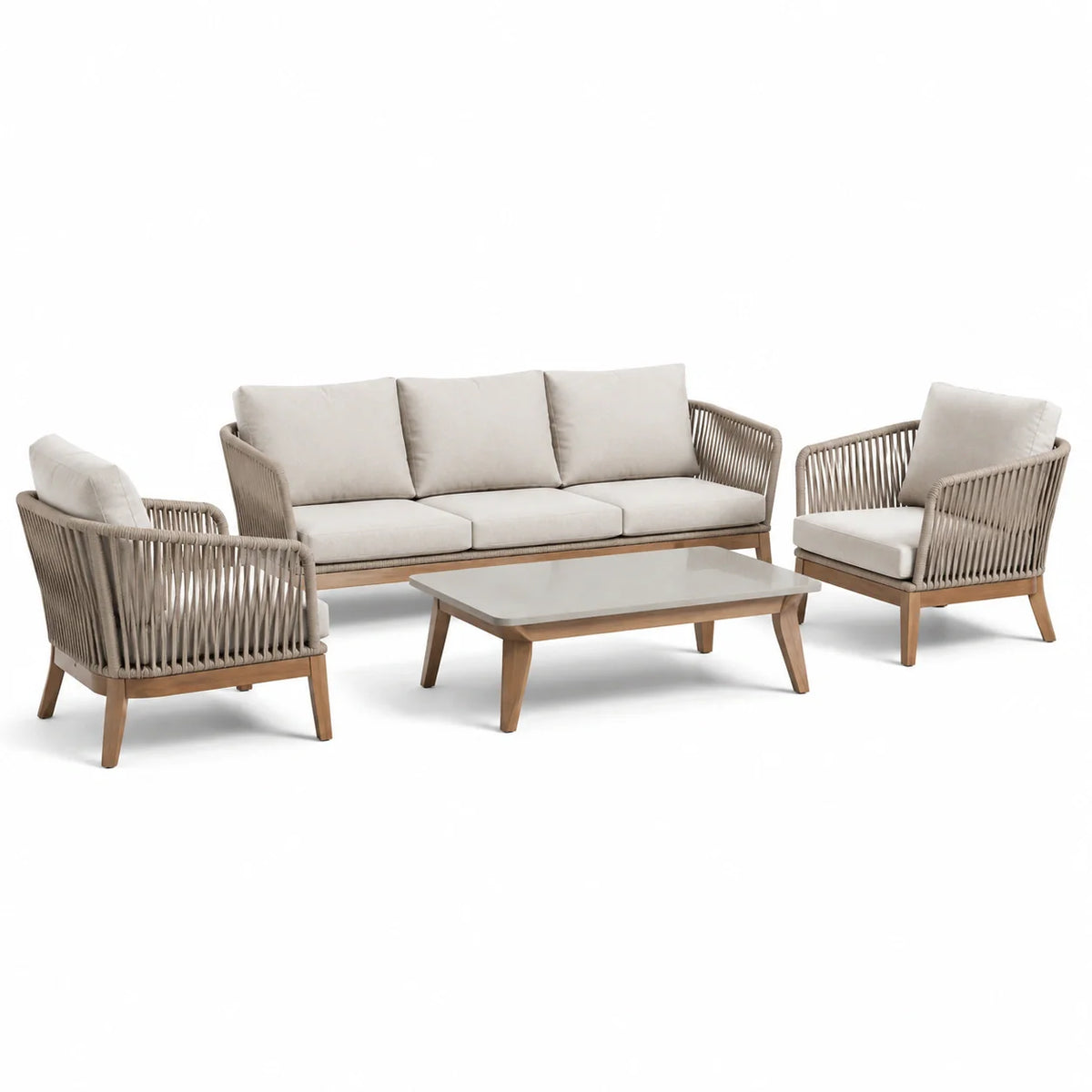 Ensemble de salon de jardin 4 pièces en teck, corde et verre trempé beige - 2026