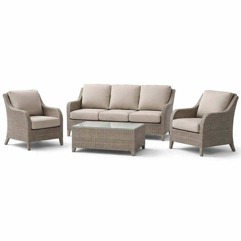Ensemble de salon en rotin avec coussins beige et table en verre - 2026