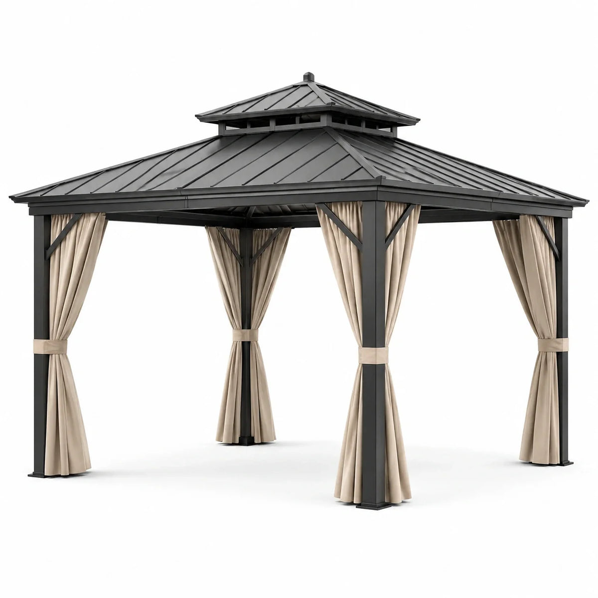 Pavillon en métal gris avec rideaux polyester beige 3m x 3m - 2026